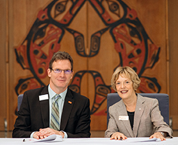 Dr Trotter and Dr Piper sign UBC/Langara Aboriginal Transfer Partnership